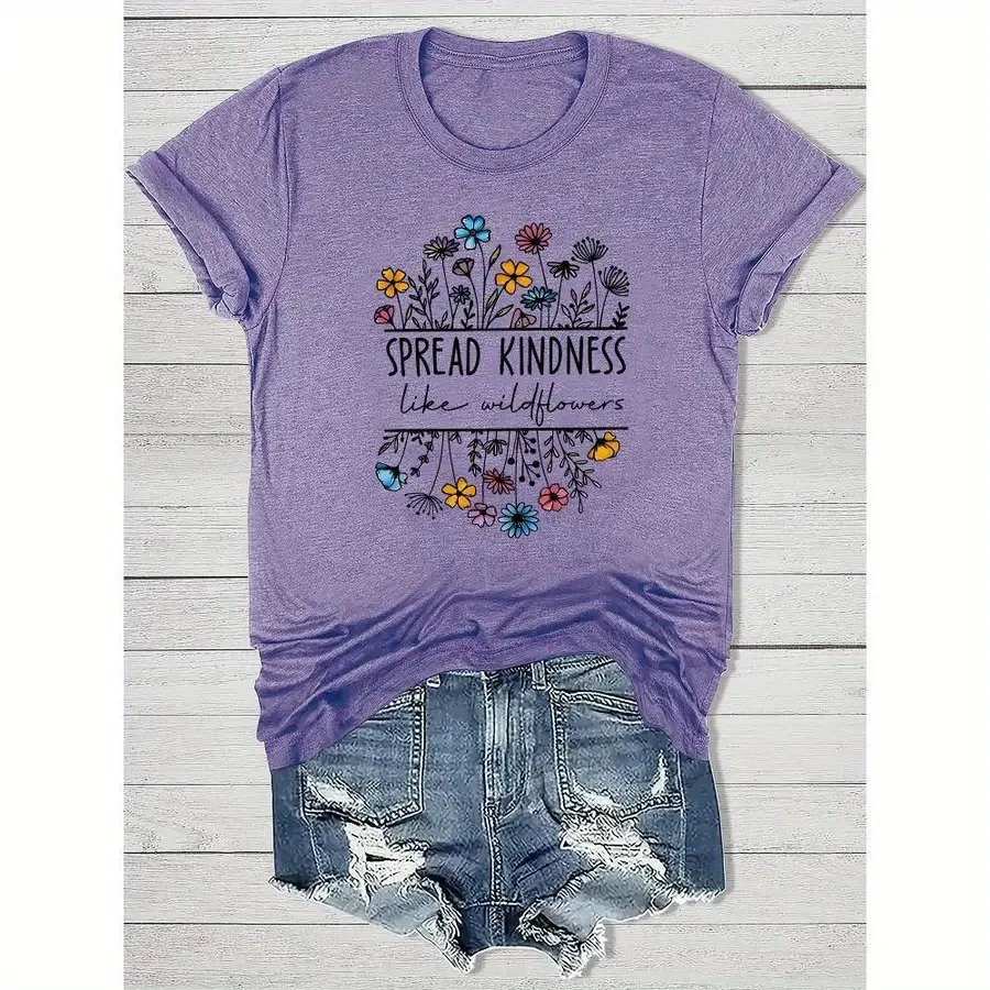 【Nuevo modelo】Camiseta informal de cuello redondo para mujer con diseño vibrante de flores silvestres - Citación: "Difunde bondad como las flores silvestres" Short Sl
