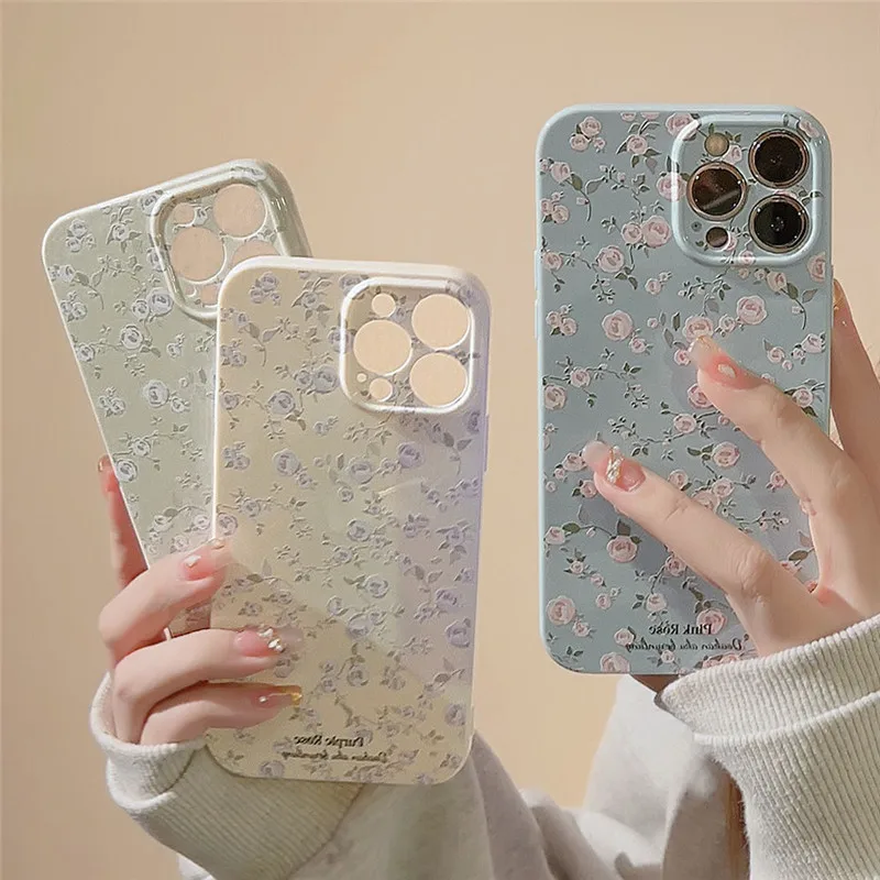 Ottwn Korean Retro Flowers Phone Case For iPhone 14 13 12 11 Pro Max 14 Luxury Floral Soft Silicone Shockproof Bumper Back Cover