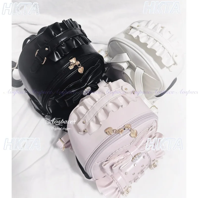 Original Japanese Sweet Lolita Bag Women Chic Love Rhinestone Bow Y2k Cosplay Black Backpack Cute Girls Kawaii Student Bag