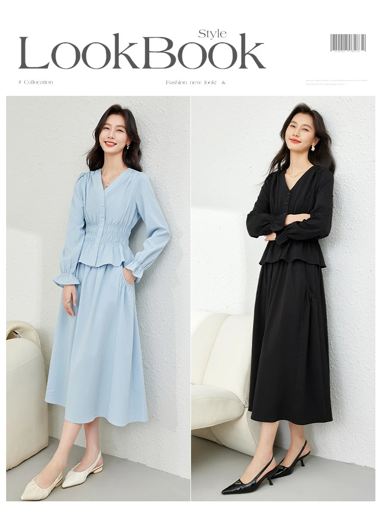 Vimly Blue Elegant Sets for Women 2 Pieces 2024 Spring Ruffled Hem V-neck Top Elastic Waist Midi Skirt New in Matching Set 16560