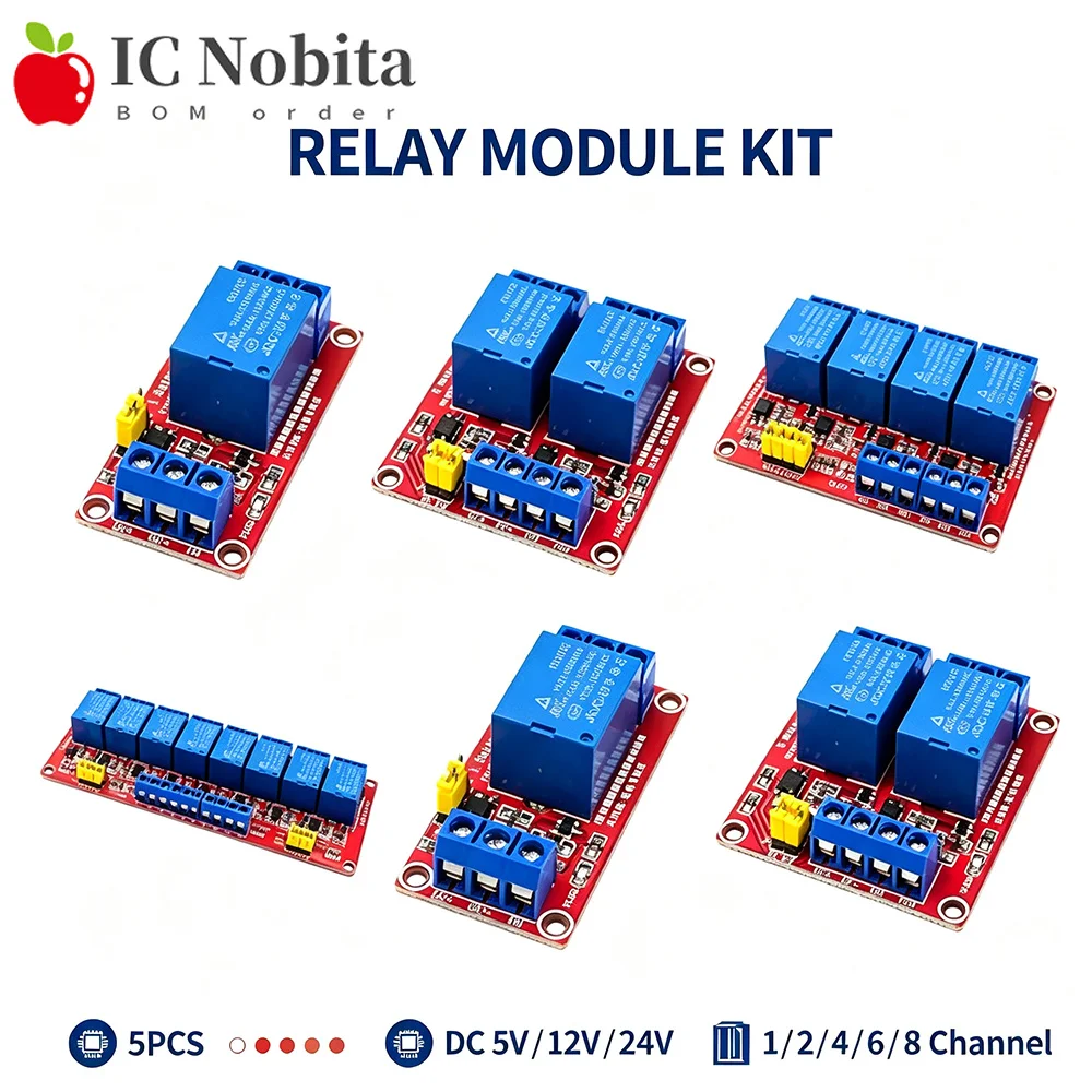 5PCS Relay Module 1 2 4 6 8 Channel 5V 12V 24V Relay Module Board with Optocouple Support High and Low Level Trigger