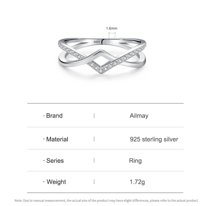 Ailmay 925 Sterling Silver Unique Fashion Cross Lines Cubic Zirconia Finger Ring For Women Engagement Anniversary Fine Jewelry