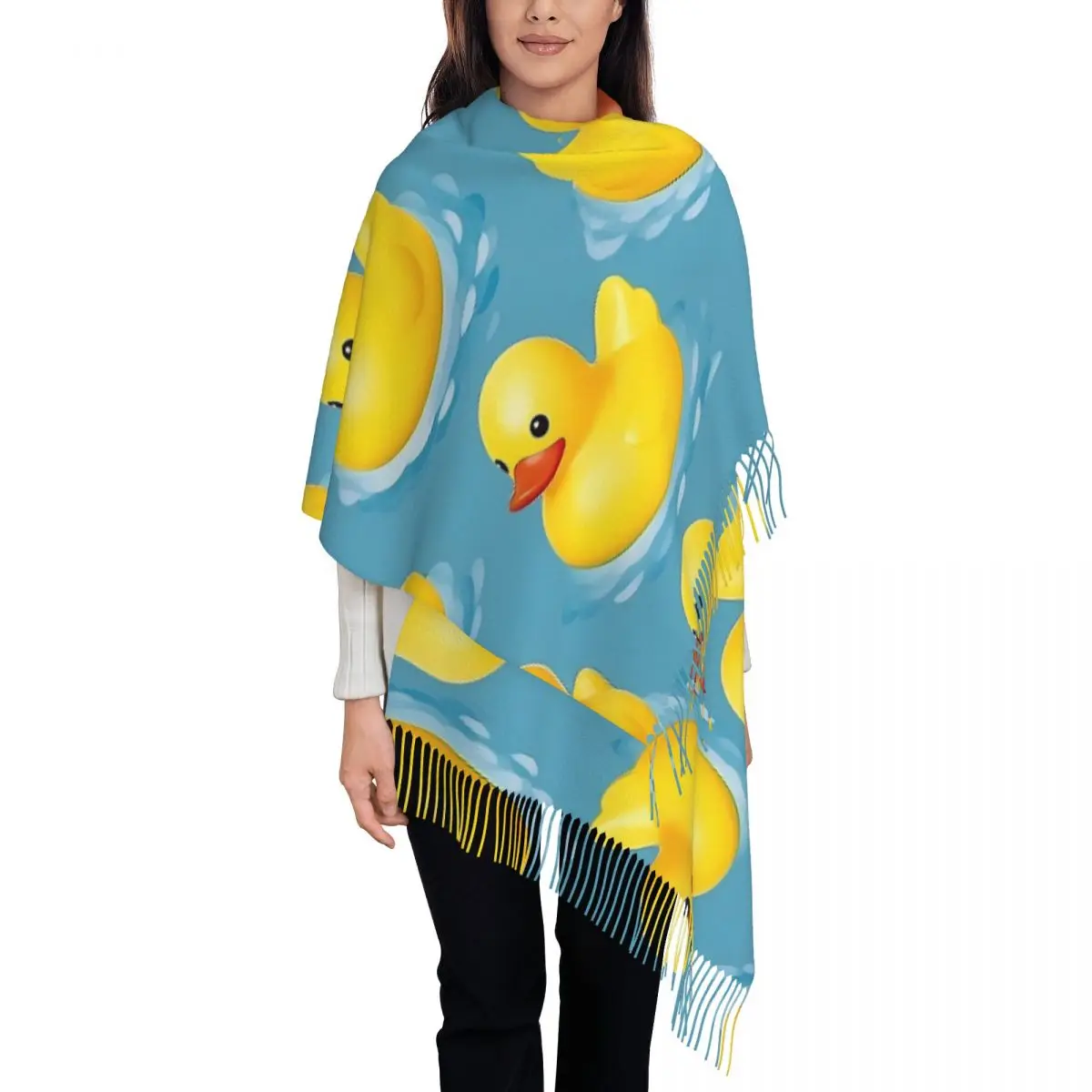 Watercolour Rubber Duck Seamless Pattern Scarf Tassel Scarves Women Soft Warm Shawls and Wraps Long Fall Winter Shawl Wrap