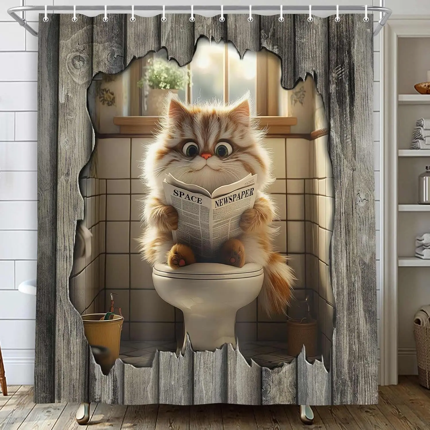 Funny Cute Cat Reading Newspaper Shower Curtain Waterproof Novelty Bathroom Decor Accessories Pet Lover Gift Home Unique Funny