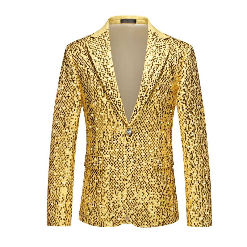 

Gold Sequin Men's Slim Fit Suit Jaet Casual Stage Performance Host Busin Formal Wear Faion Urban Sle Long Sve Suit