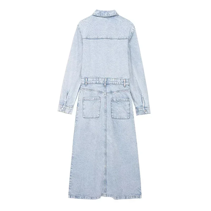 

Blue Denim Dress Woman Midi Jean Shirt Dress Y2k Vintage Long Dresses 2024 Fashion Faded Long Sleeve New In Casual Dresses