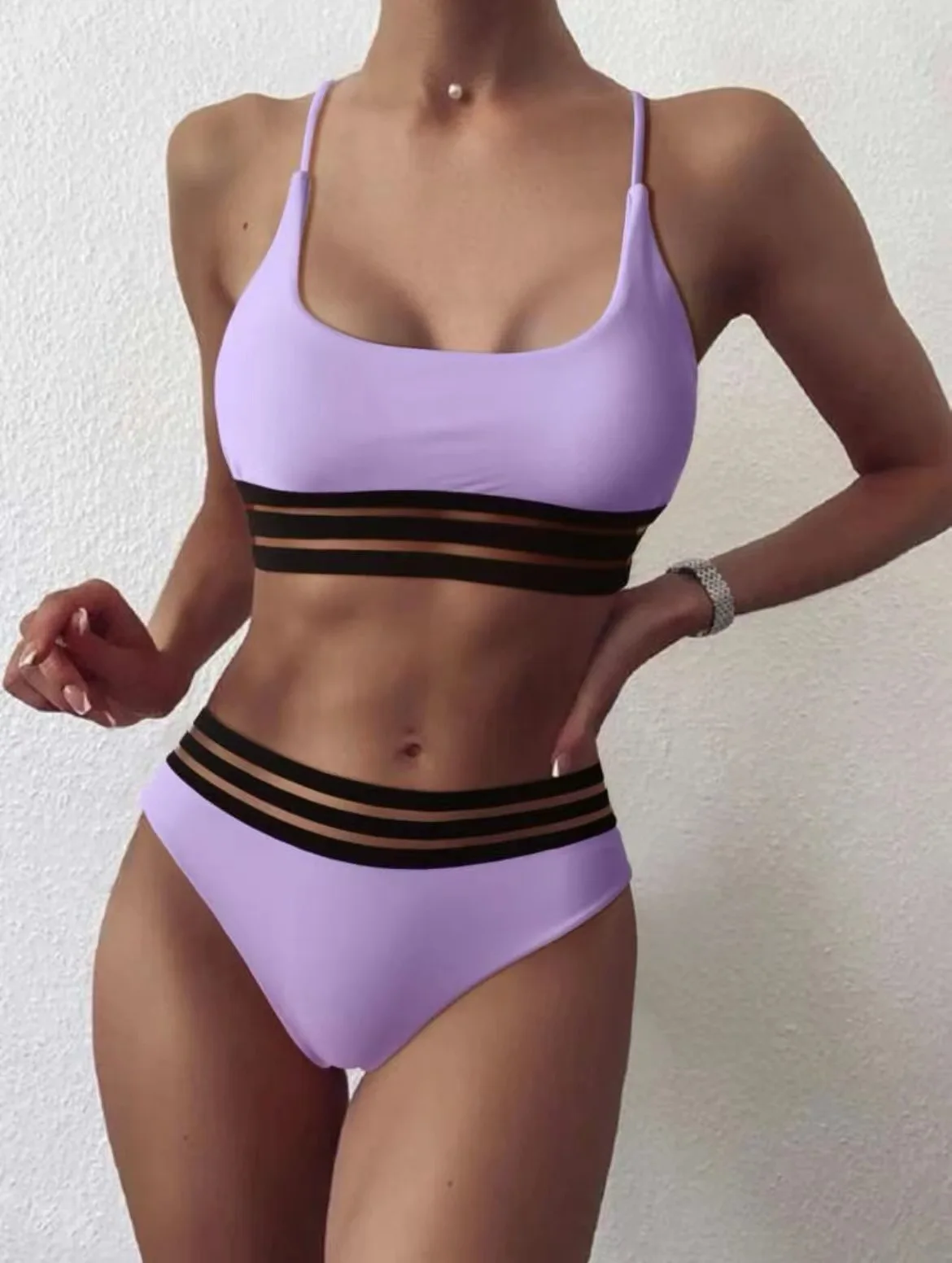 2024 Solid Color High Waist Bikini Set Sexy Bandage 2-piece Swimsuit Sport Tankini Suspender Swimwear Beach Bathing Suit New