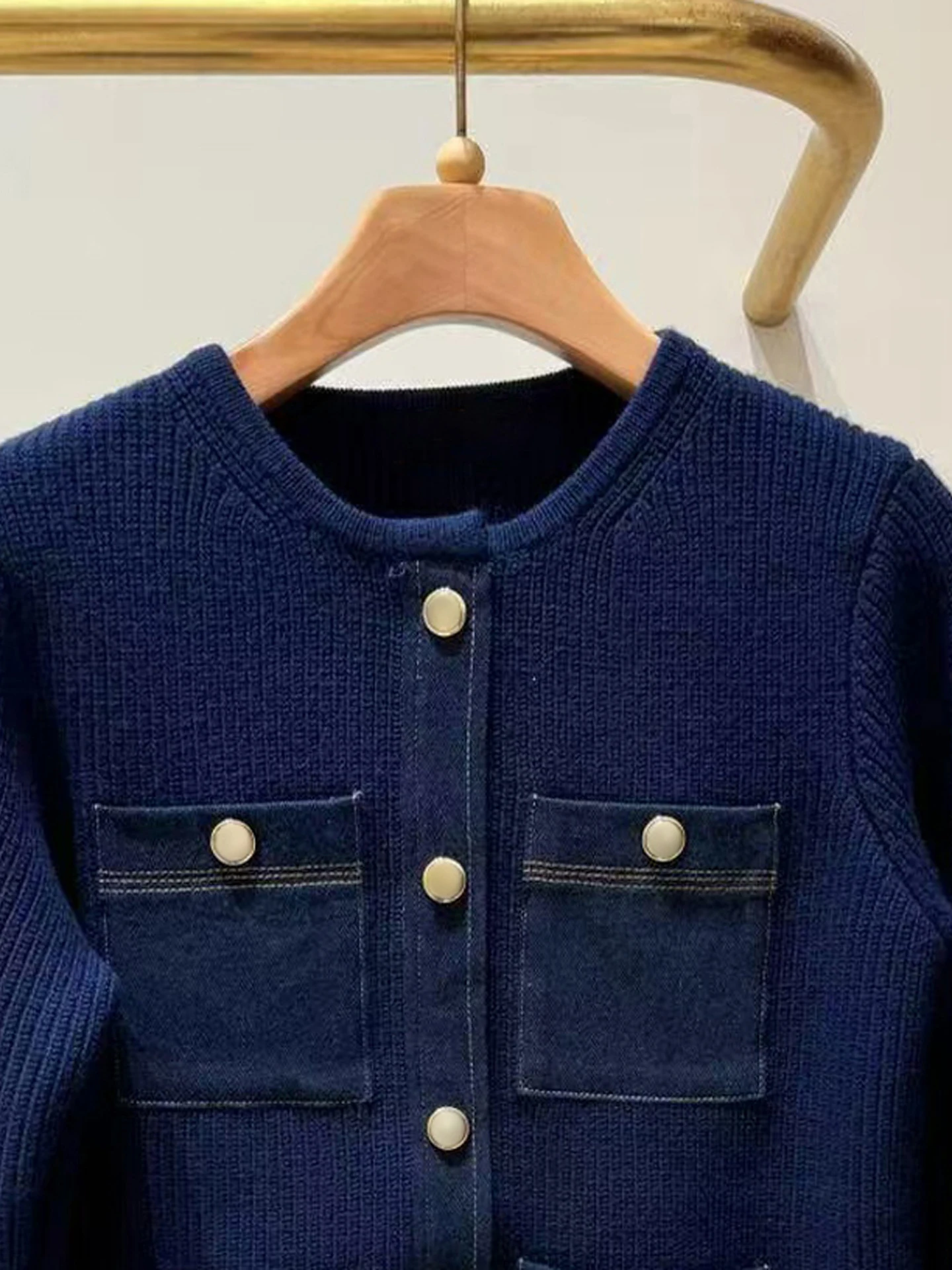 S Home South Oil High End ผู้หญิงสบายๆถัก Denim ket เปิดเสื้อสเวตเตอร์ถัก Jaet อเนกประสงค์ฤดูใบไม้ร่วงใหม่มาถึง