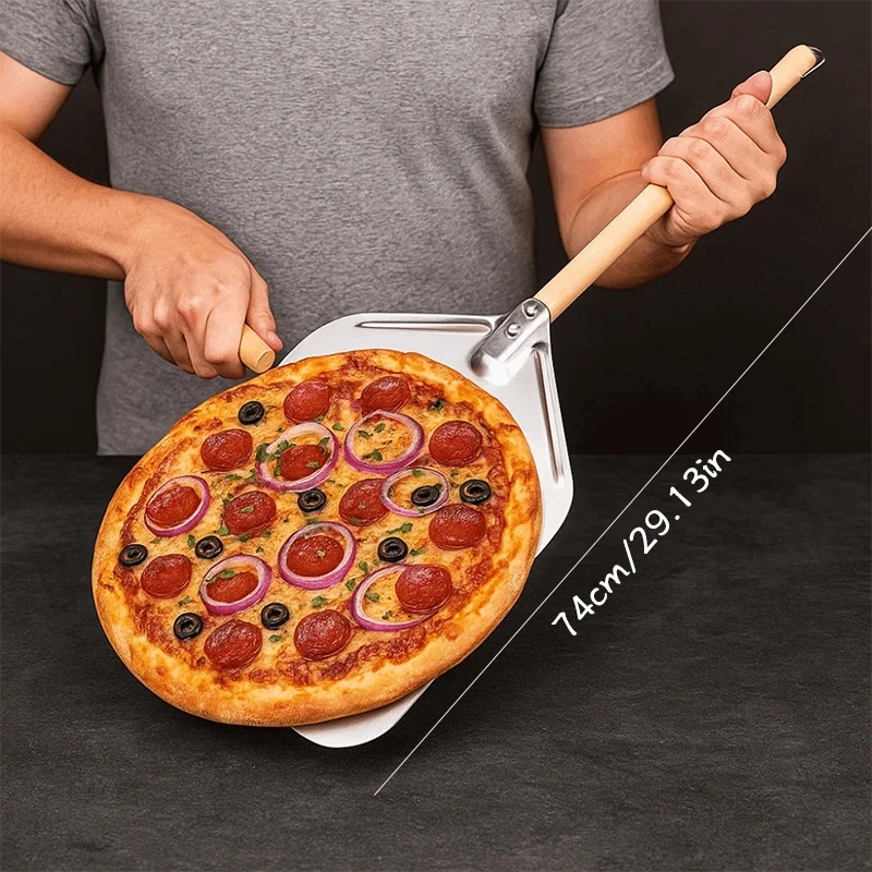 12-Zoll-Pizzaschaufel aus Edelstahl mit Holzgriff, Pizzaschale, Transfertablett, Verbrühungsschutz, Brot-Pizzaheber, Küchenzubehör