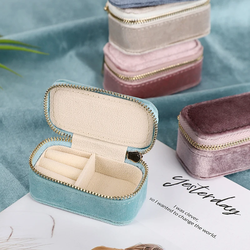 1pcs Mini Velvet Ring Box Jewelry Storage Case Single Layer Earrings Necklace Organizer Candy Color Zipper Bag Travel Portable