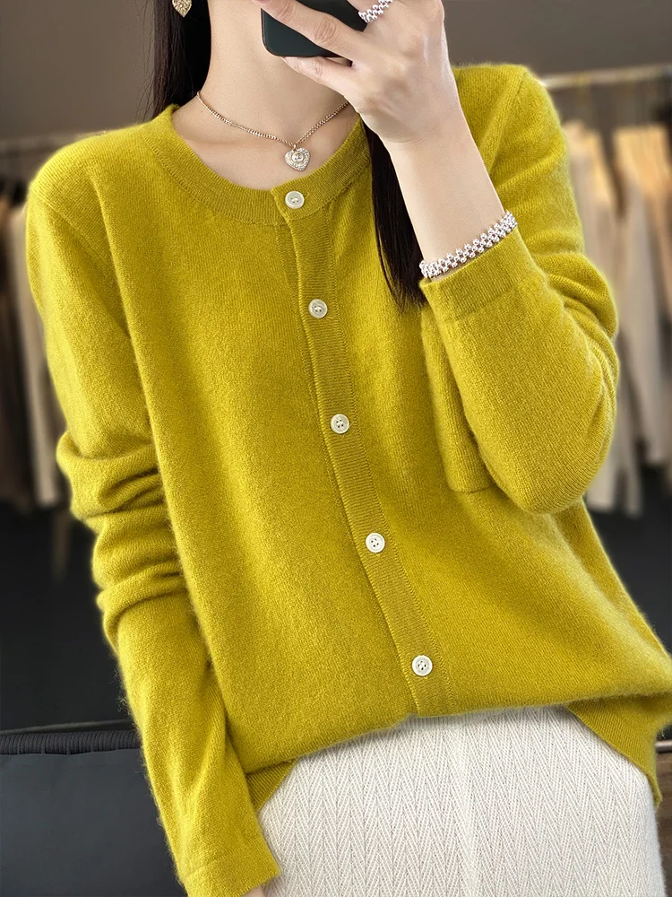 

Women O-neck Cardigan 100% Merino Wool Long Sleeve Sweater For Spring Autumn Solid Color Buttoned Knitwear Korean Tops Clothing
