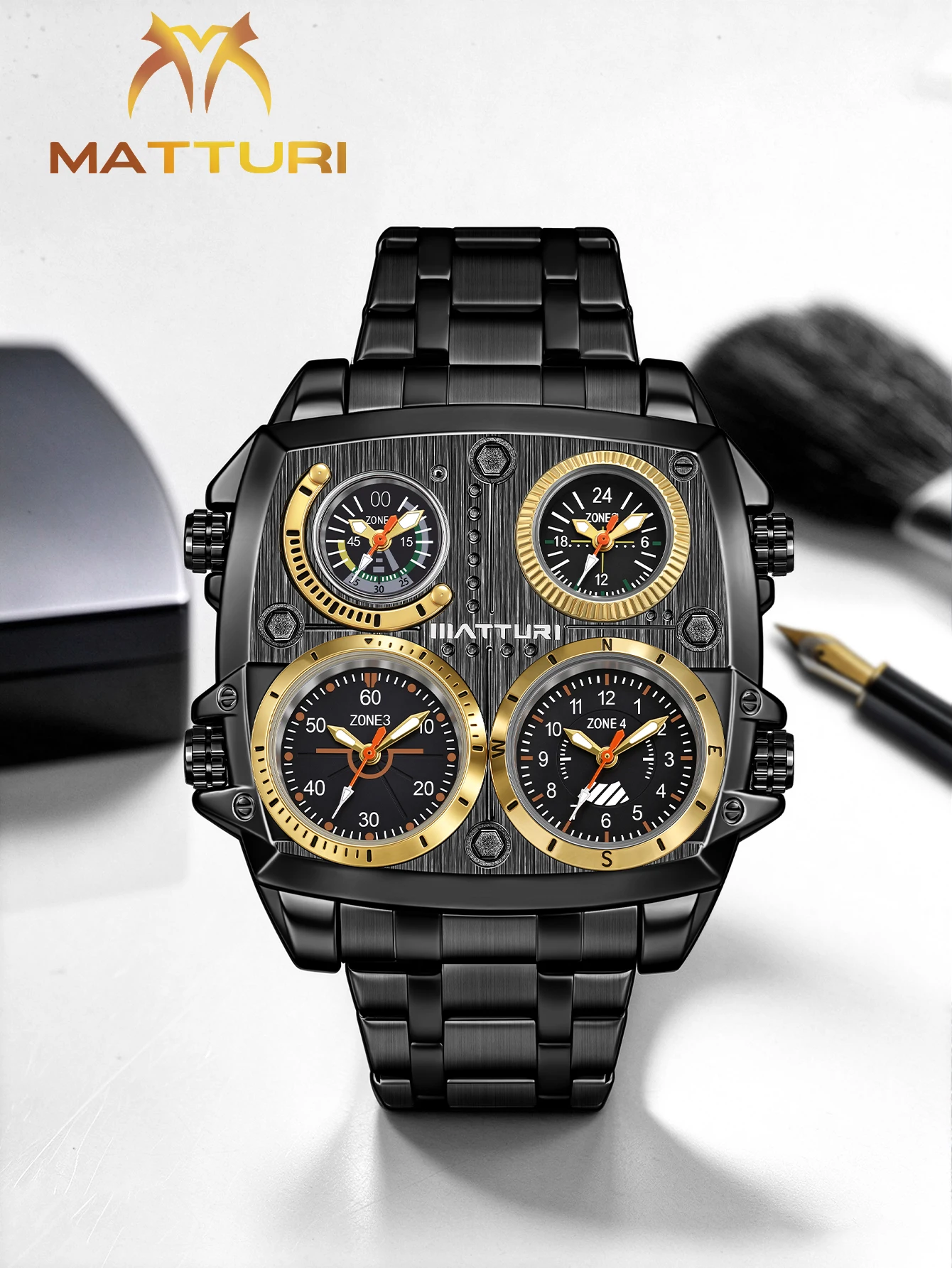 NS Never Stop Men's Steel Watch – Round Case, Analog Quartz, Rotating Crown, Week/Date, Folding Clasp