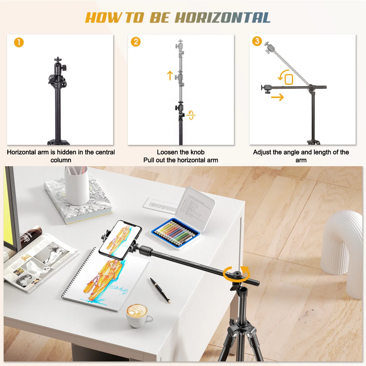 Professional Horizontal Tripod with Extended Arm Bluetooth for Canon Nikon Sony DSLR for Phone Camera Flexible Aluminum Tripod