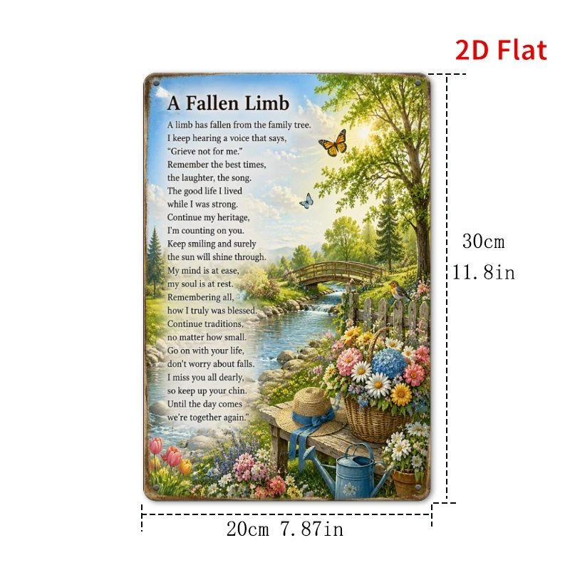 2D Flat, [2Dflat], 1pc 30x20cm- A Fallen Limb Memorial Tin Sign, Sympathy Poem Decorative Signs, Floral Butterfly Garden Metal W