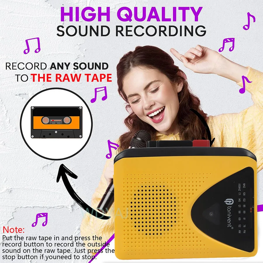مسجل مشغل كاسيت محمول للتسجيل على الشريط AM ​ ​ مشغل موسيقى ستيريو راديو FM مع مكبر صوت ميكروفون ومقبس سماعة رأس 3.5 ملم