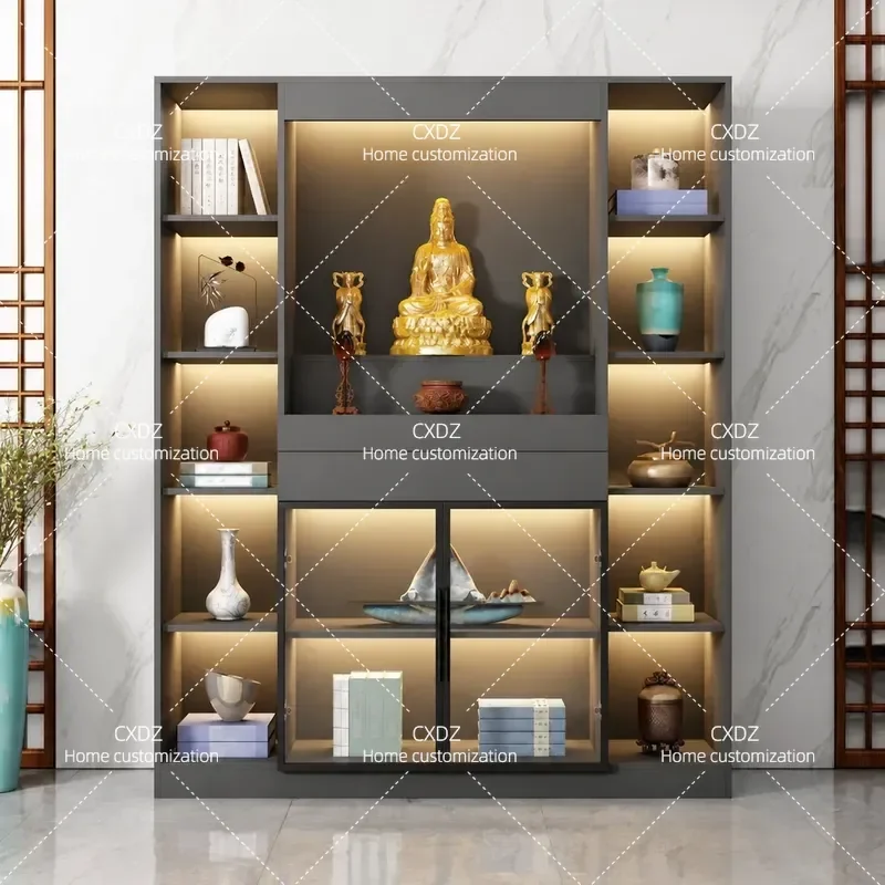 Solid Wood Modern Light Luxury Vertical Shrine Cabinet with Glass Door Custom Buddha Statue God of Wealth Display for Home