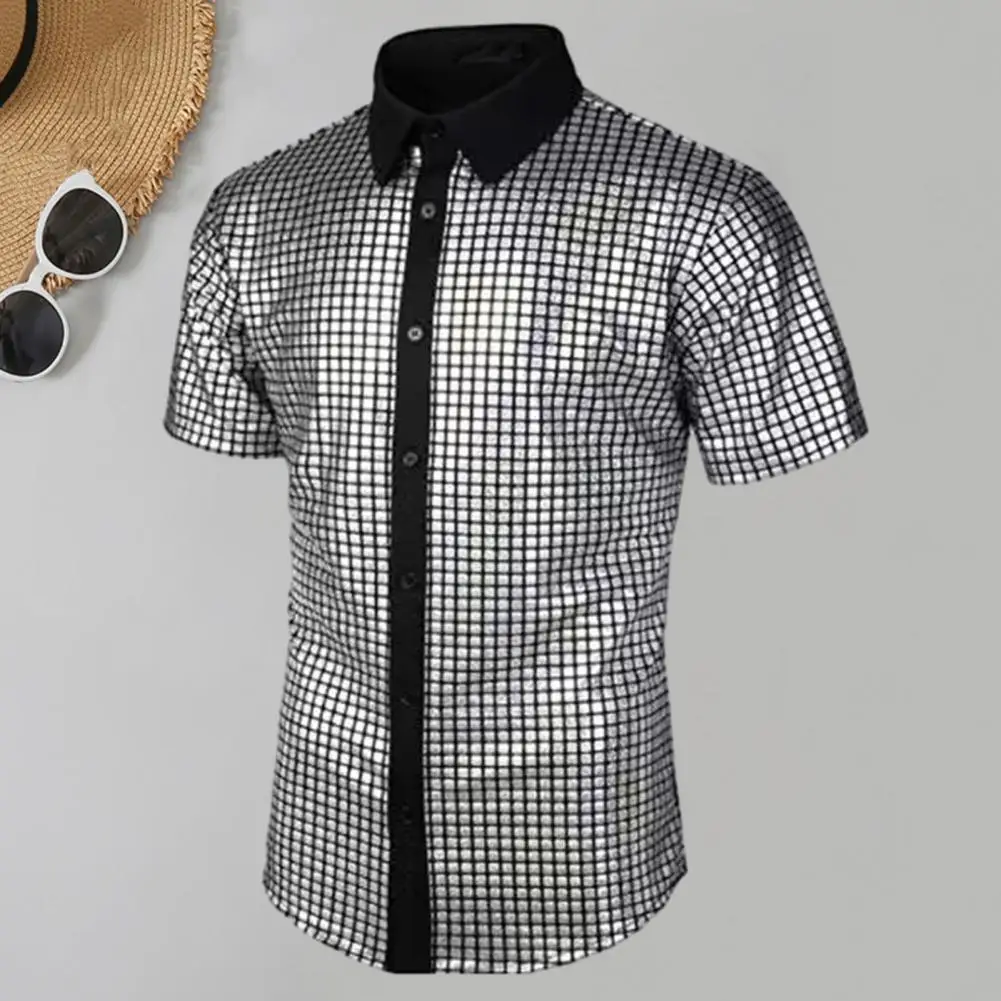 Men Performance Shirt Vintage 70s Disco Men's Club Shirt with Reflective Sequins Short Sleeve Button Down Collar for Costume