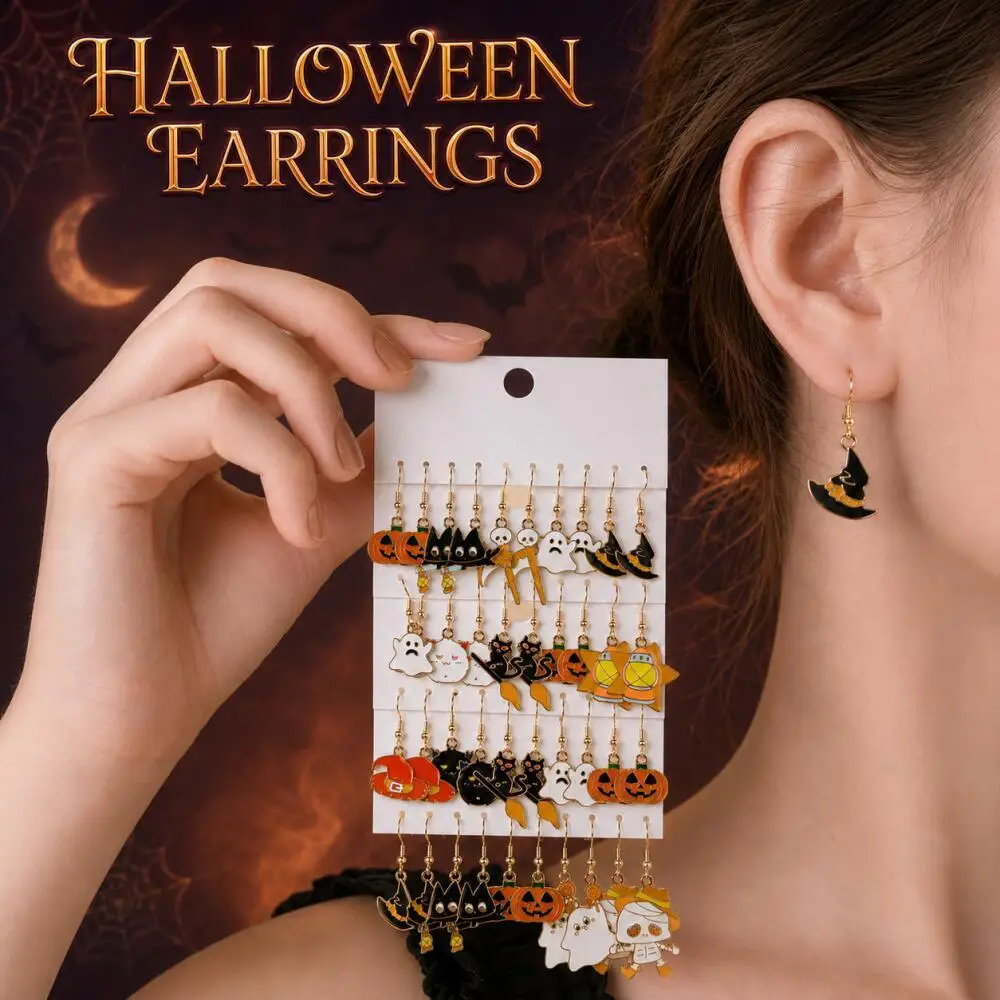 20Pairs Women Halloween Mixed Enamel Dangle Earrings Pumpkin Black Cat Ghost Witch Hat Mummy Cosplay Party Jewelry Gifts