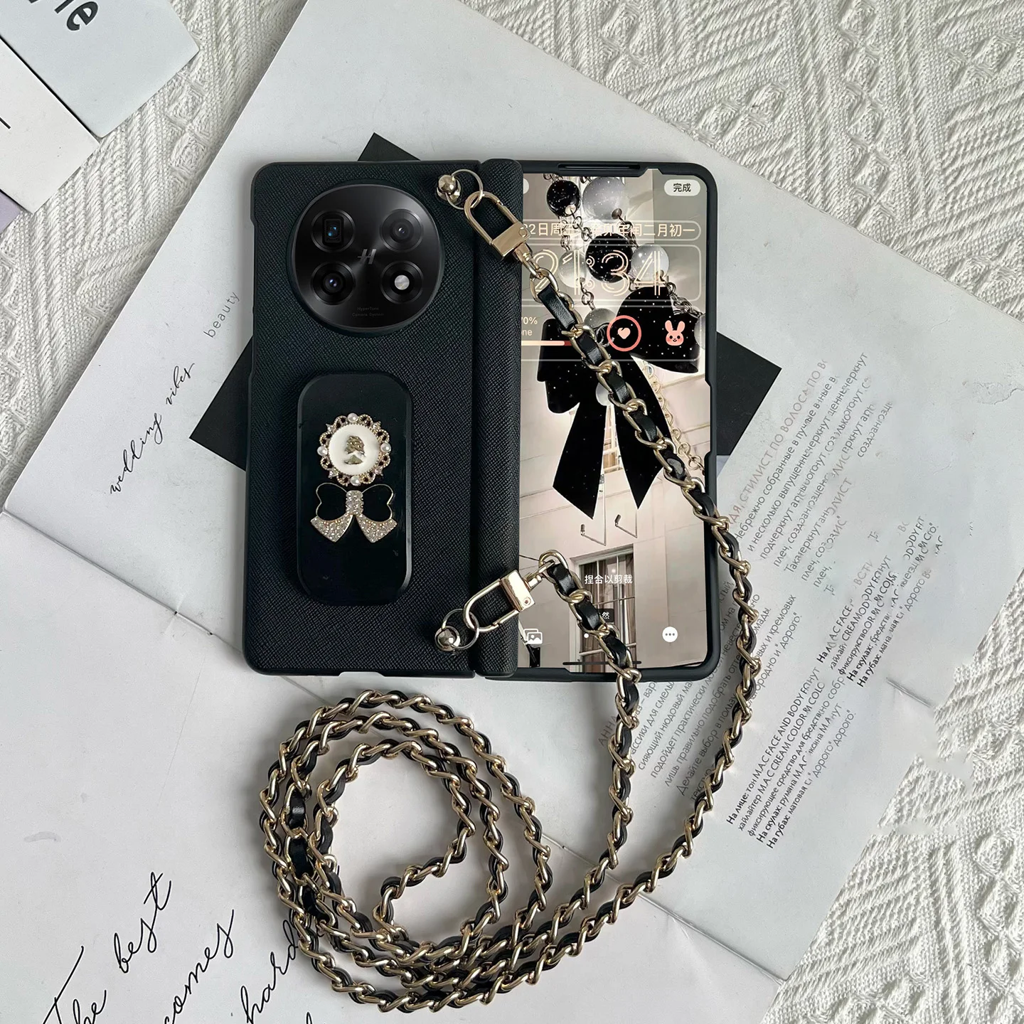 

Чехол для OPPO Find N5/N3, складной с цепочкой через плечо, роскошный противоударный чехол из искусственной кожи с магнитной петлей, аксессуары для чехла для телефона