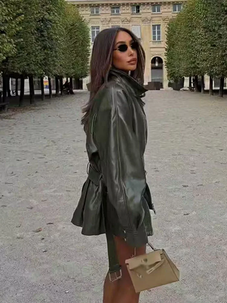 HH سترات نسائية ربيعية عصرية بياقة مقلوبة وأكمام طويلة وجيوب وحزام مزخرف وسحاب معاطف نسائية عالية الشارع #5