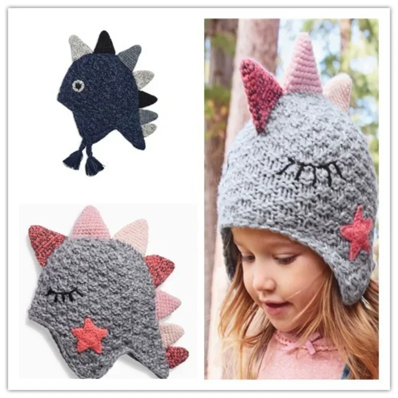 Children\'s Double-layer Cute Dinosaur Hat Does Not Lose Hair Autumn and Winter Hand-knitted Hat Baby Crochet Wool Hat