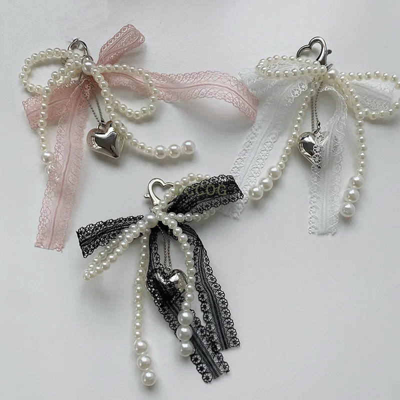 1Pcs For Phone Accessories Bag Hanging Cord For Women Girl Sweet Lace Bow Beaded Bow Keychain Phone Charm Strap Pendant