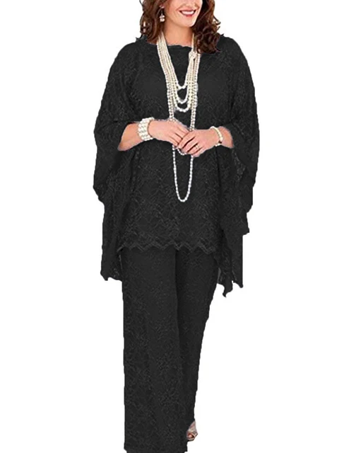 Lace Pantsuits Grey Mother of the Bride Dress 3 Pieces Long Sleeve  Elegant Chiffon Straight Pants Wedding Evening Party Gowns