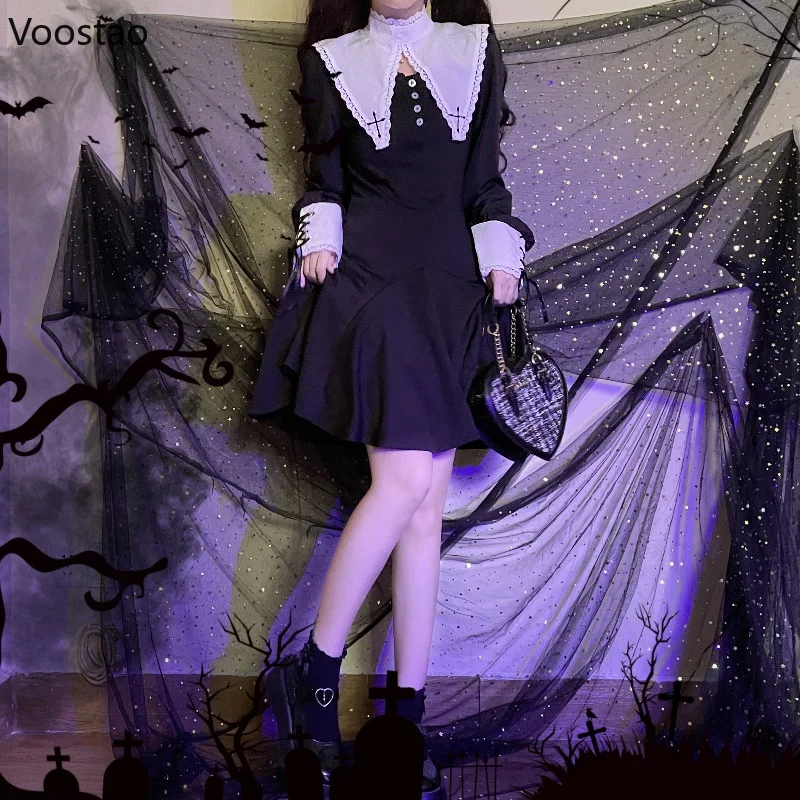 Gothic Lolita Y2k Kleid Frauen Kawaii Langarm Halloween E-mädchen Süße Party Kleider Casual Vintage Elegante Punk Mini kleid