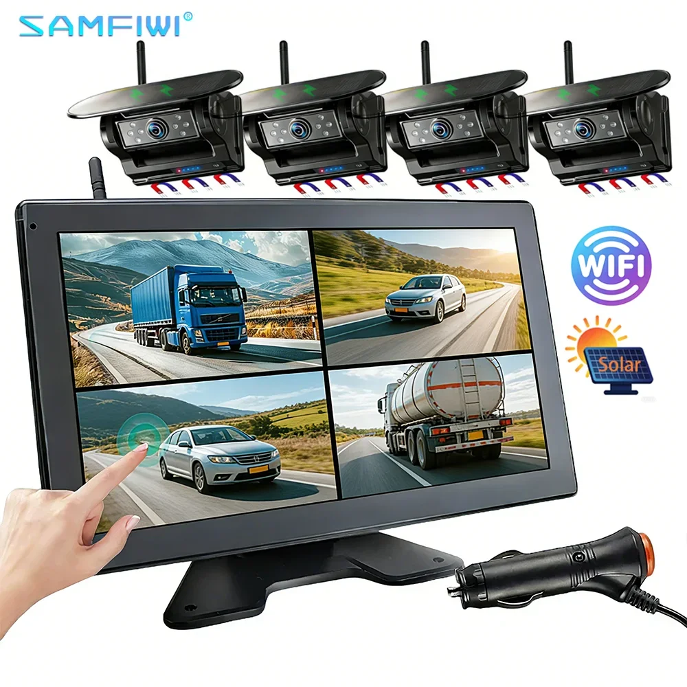 10 Inch 4CH BSD Alarm Solar Charging Wireless DVR Monitor Reverse Front Rear View Camera Kit For Truck Bus Trailer Heavy Duty