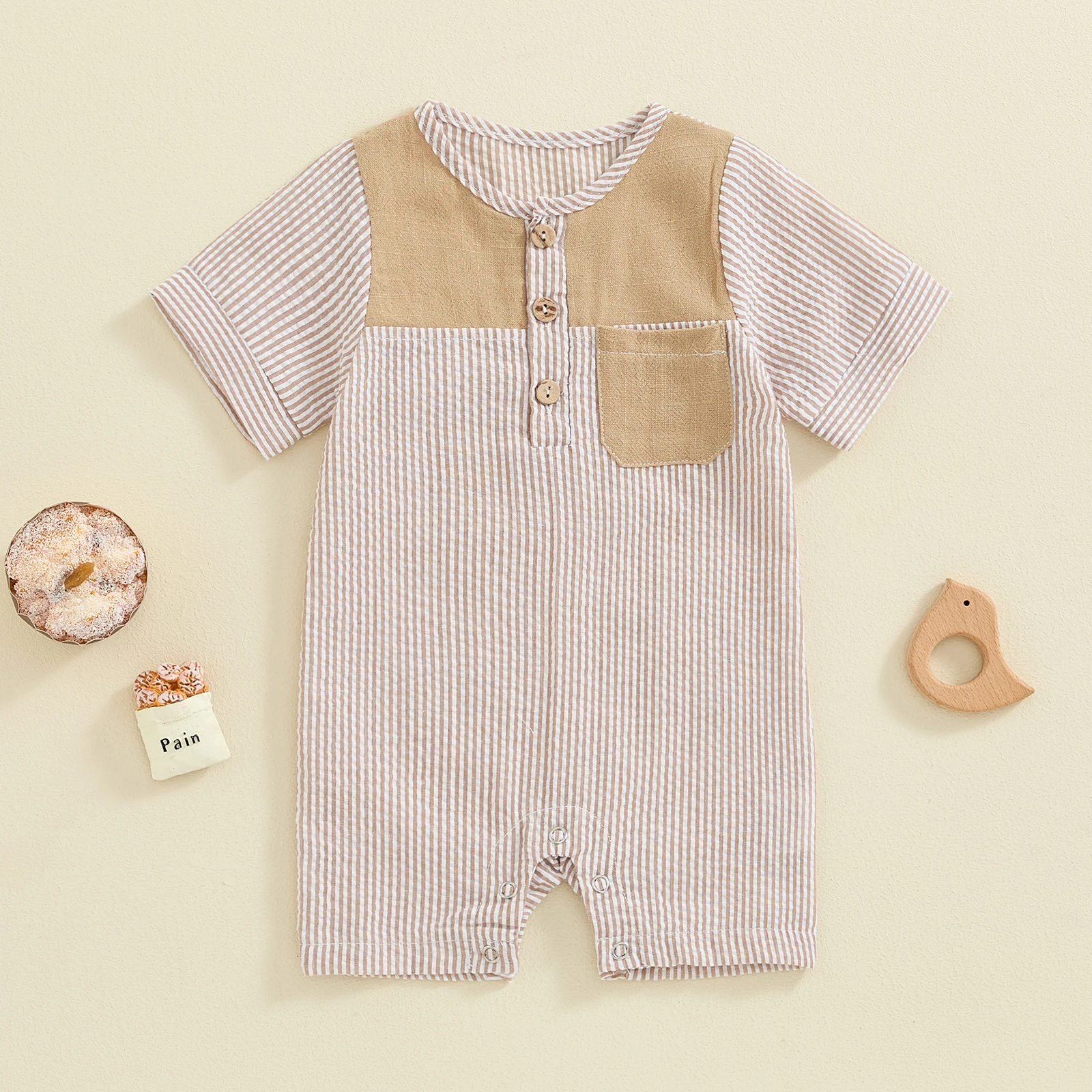 Summer Infant Baby Boys Button Romper Short Sleeve Stripe Print Jumpsuit Pocket Casual Clothes