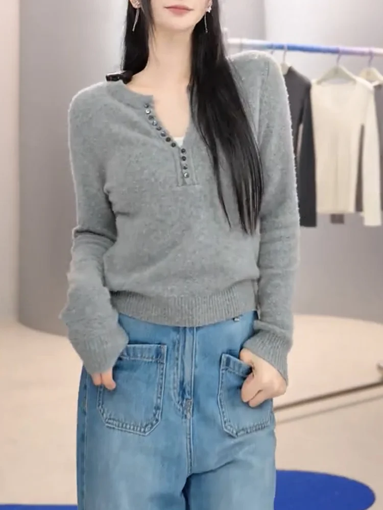 

Корейский вязаный свитер на пуговицах, женский, модный, универсальный, больших размеров, облегающий, теплый, длинный, из смесовой шерсти.