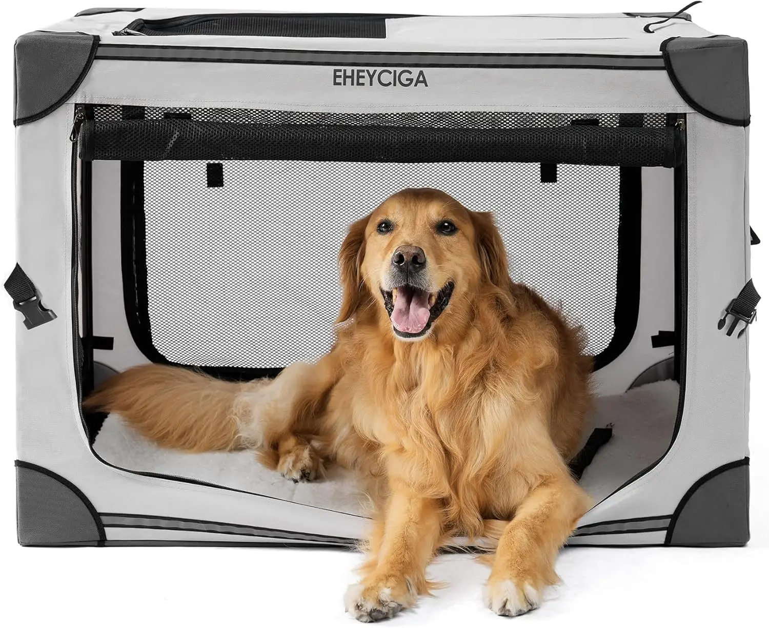 

Collapsible Dog Crate 36 Inches, Portable Travel Kennel for Large Dogs with 4-Door Mesh Windows, Grey
