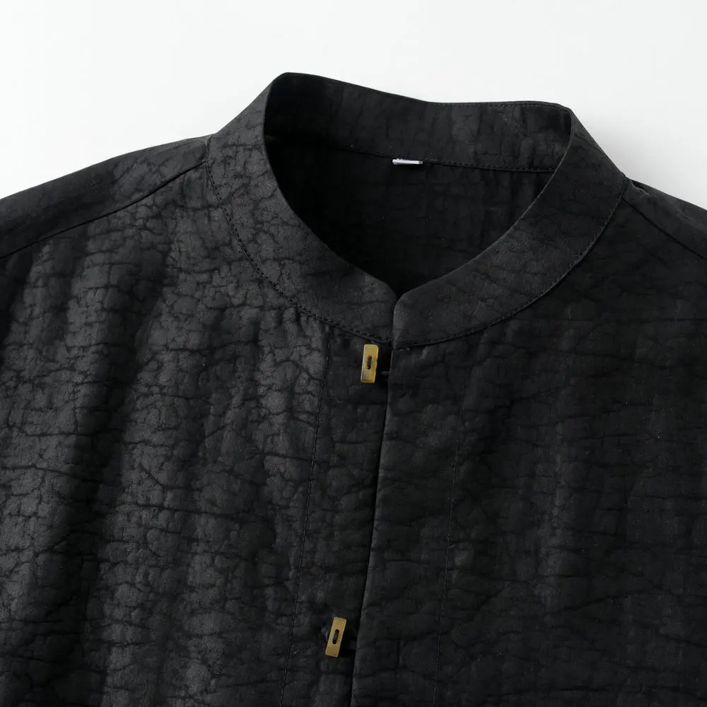 Old Money Style Men's Black Silk Gauze Shirt Heritage Tunic Top with Custom Horn Buttons Side Slit for Sophisticated Gentlemen