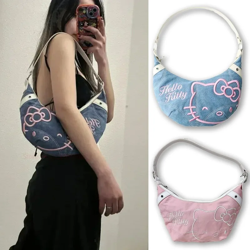 

Sanrio Hello Kitty Crossbody Bag Denim Armpit Purse Anime Crescent Shoulder Bag Embroidery Retro Girl Half Moon Bag Handbag Gift