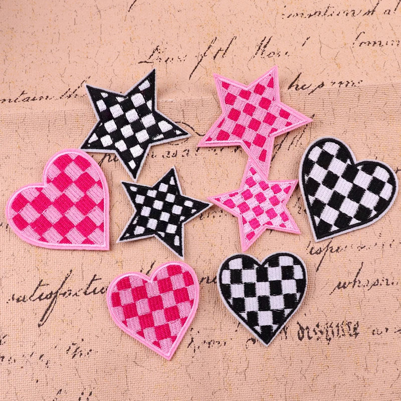 

Pink Black Heart Star Embroidery Patch DIY Cartoon Iron On Patches For Clothing Thermoadhesive Patches On Clothes Sewing Sticker