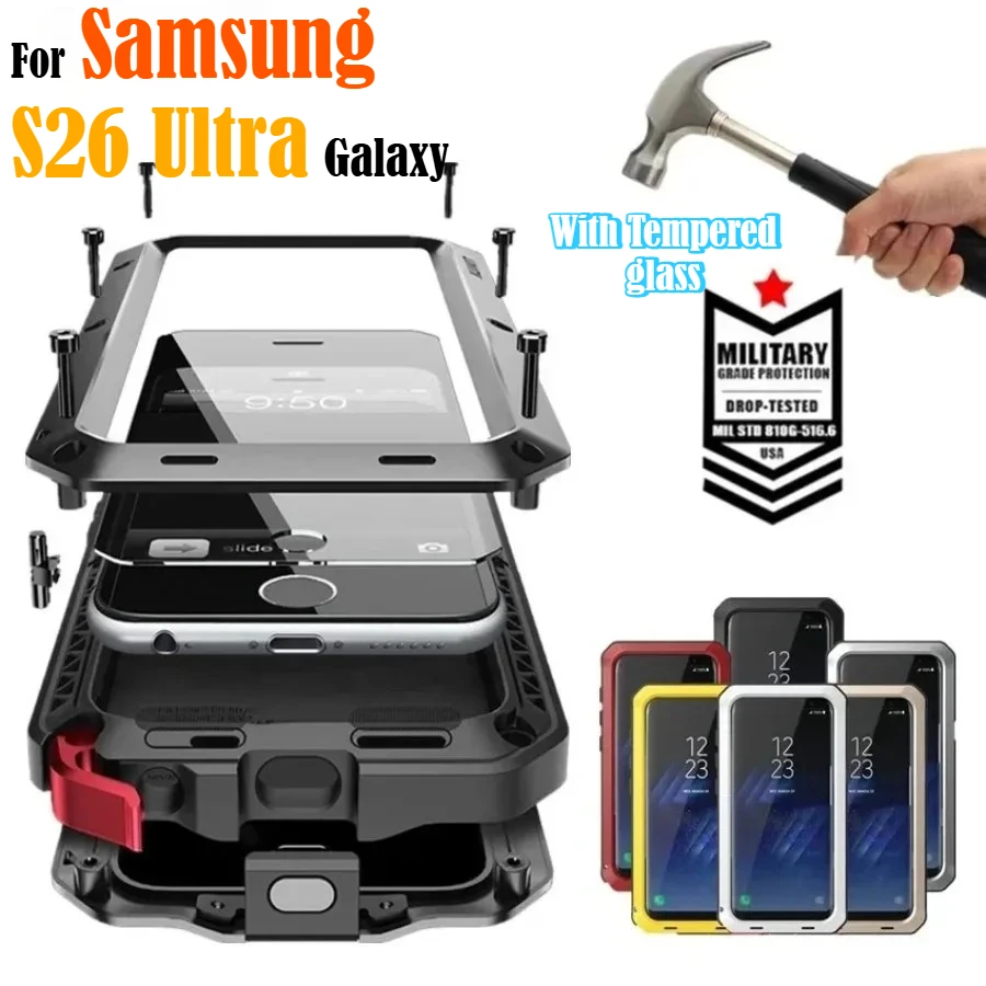 

IP54 Heavy Duty Armor Metal Glass Protector Case for Samsung Galaxy S26 Ultra S25 S24 S23 S22 S21 + Plus Note20 Shockproof Cover