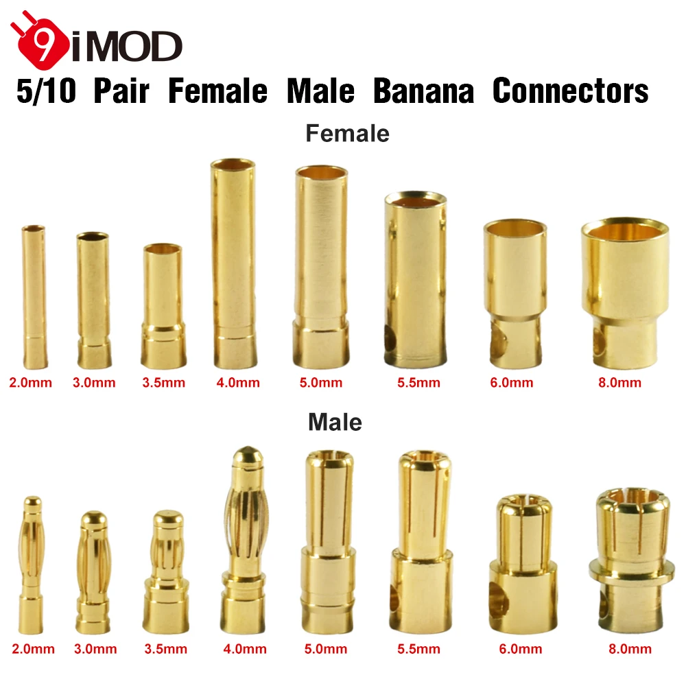 9IMOD 5/10Pair RC Bullet Connectors 2/3/3.5/4.0/5/5.5/6/8mm Męskie żeńskie złącze bananowe Bullet Plug Pozłacany adapter