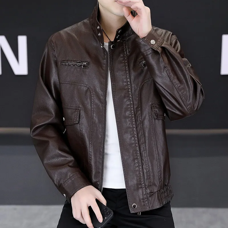 

Новая весенняя мужская модная кожаная куртка свободного кроя с новым воротником в мотоциклетном стиле