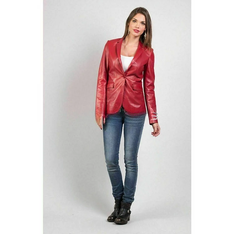 Women's Genuine Lambskin Real Leather Blazer Red Party Wear ONE BUTTON Coat