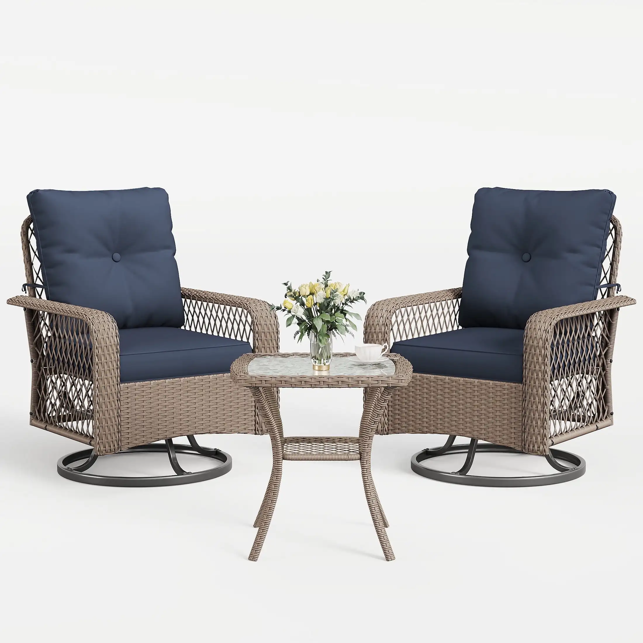 3 Pieces Patio Furniture Set, Outdoor Swivel Gliders Rocker, Wicker Patio Bistro Set with Rattan Rocking Chair