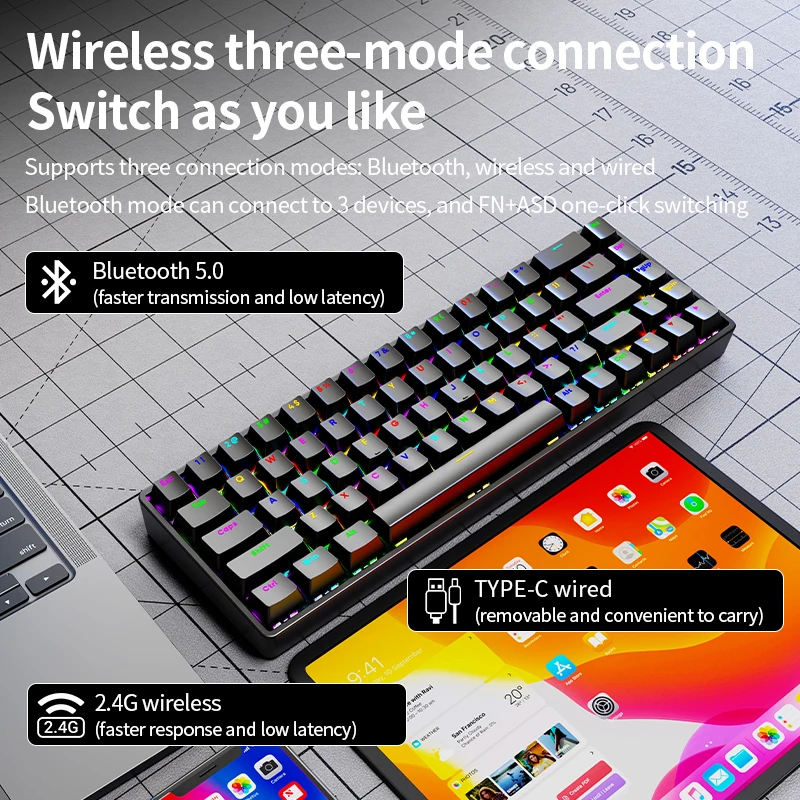 Трехрежимная беспроводная механическая клавиатура SOREX AK68 с 68 клавишами, Bluetooth 5.0/2.4G/USB-C для всех устройств