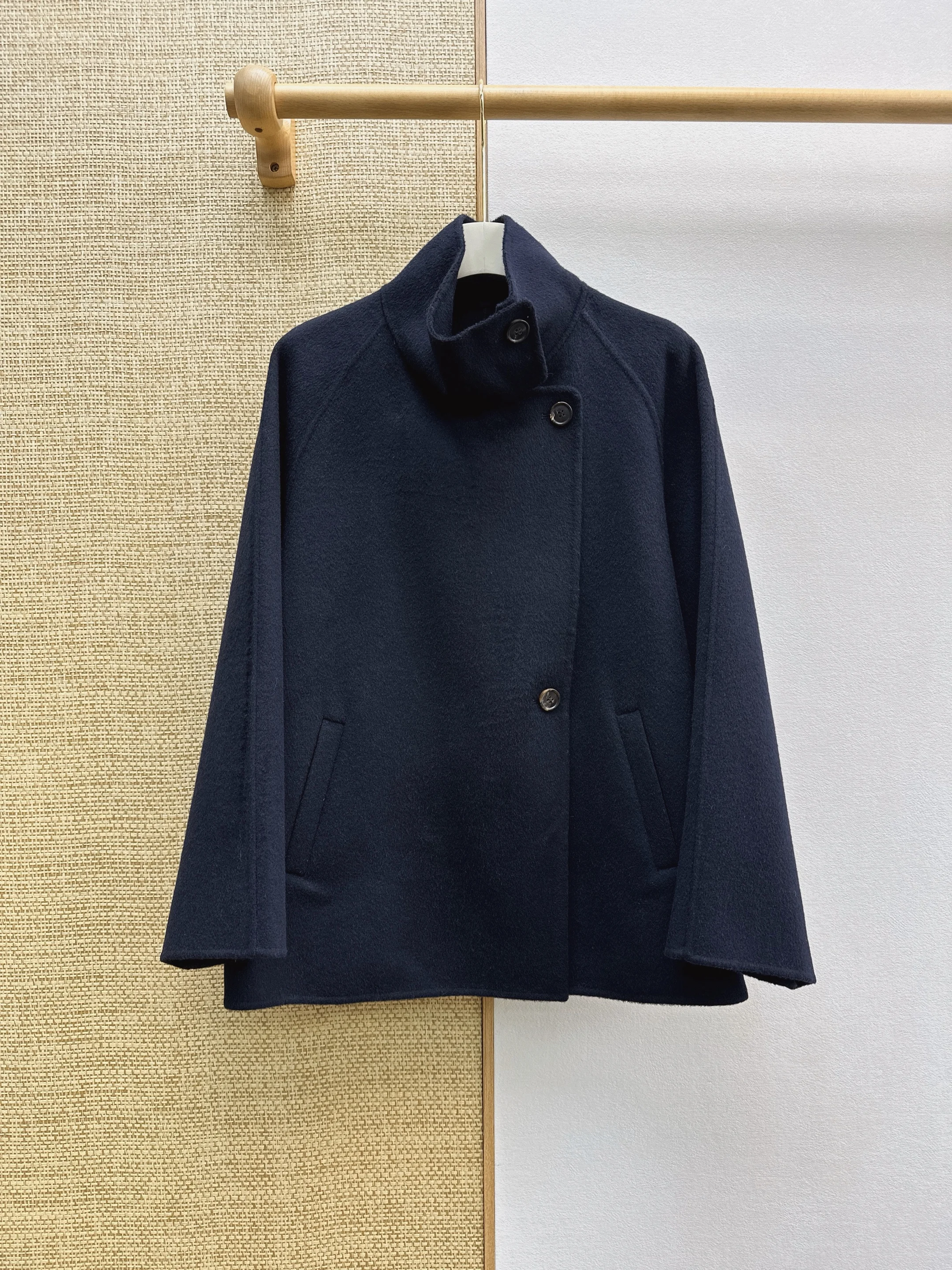 New Autumn Winter Minimalist Mid-Length Double-Faced Wool Stand Collar Coat, Handmade Wool Fabric, Simple Casual Elegant Style