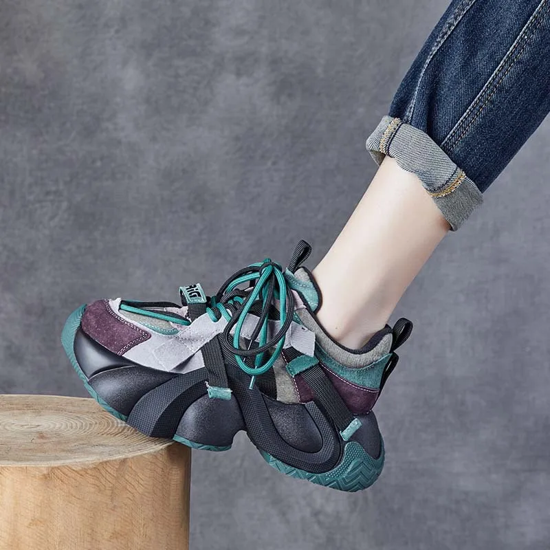 Thick soled fashionable color matching lace up high heels, casual retro sports shoes, travel single shoes, women's shoes