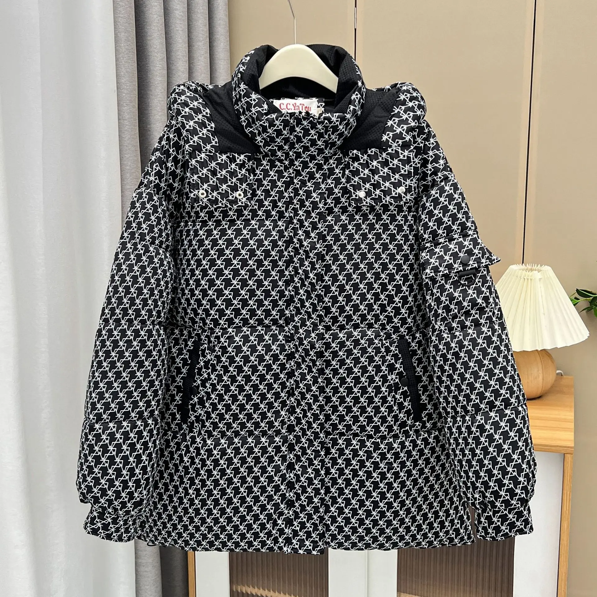 Fashion Houndstooth Hooded Parkas Women Winter 2023 Plus Size Casual Clothing Down Cotton Padded Coat Long Wadded Jacket