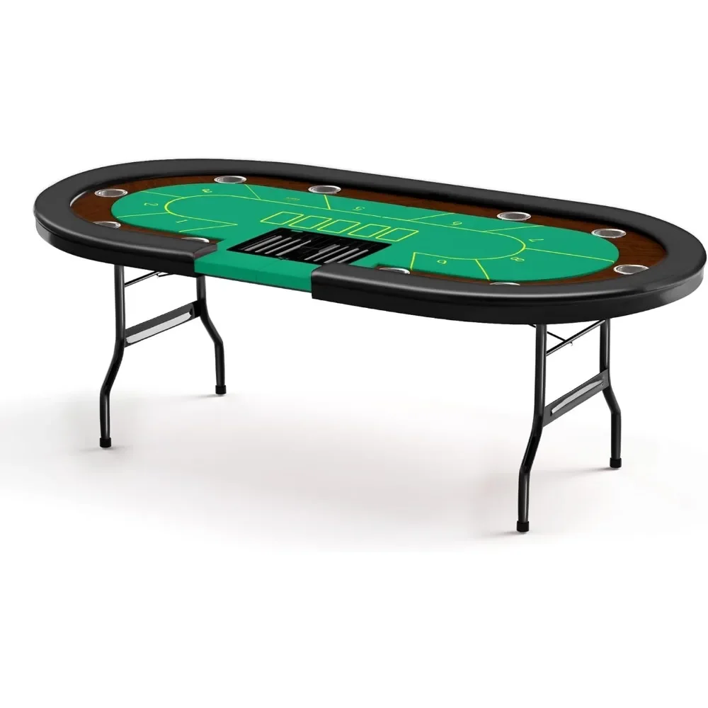 

Premium 10 Player Foldable Poker Table with Cup Holders, 84" Portable Texas Holdem Poker Table with Chip Tray, Folding Casino