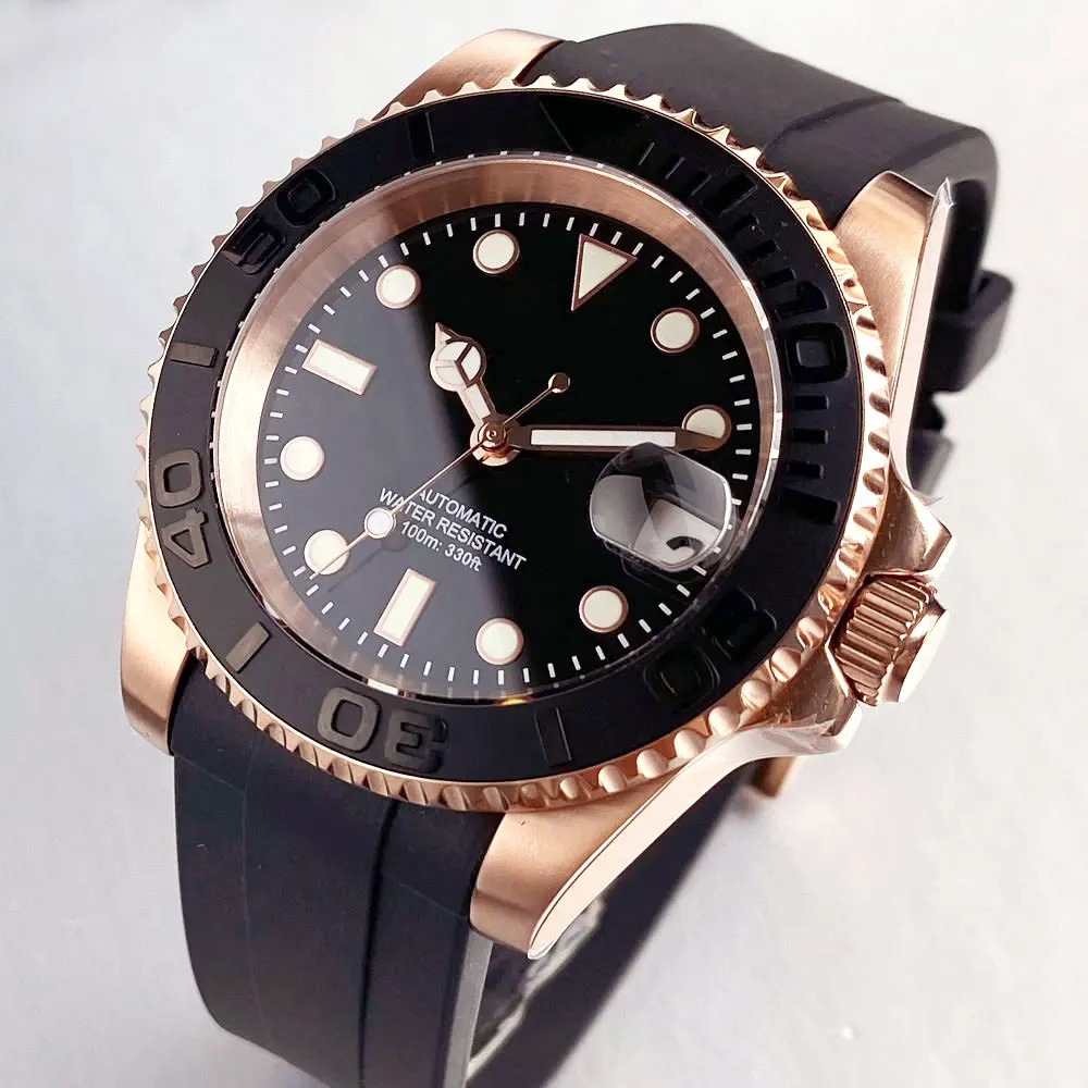 Customized Mechanical Mens Watch NH35A Automatic Movement Sapphire Glass Ceremic Insert Rubber Strap Rose Gold Steel Buckle
