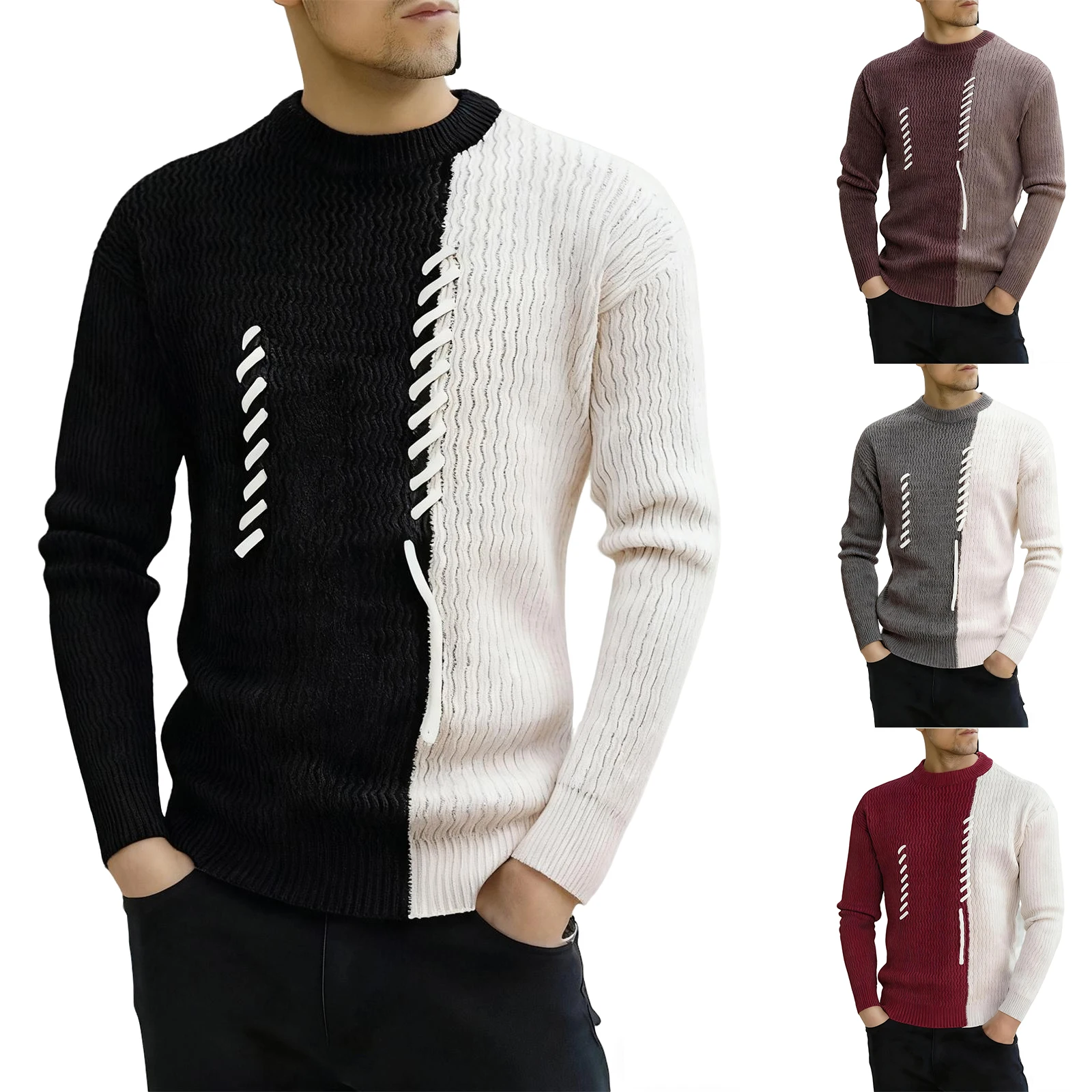 

Male Winter New Trendy Contrast Color Sweater Simple Casual Round Collar Knit Pullover Men Loose Cozy Comfortable Daily Tops
