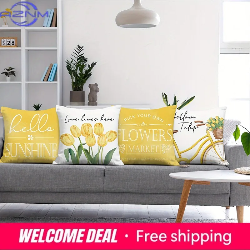 Yellow Tulip Bicycle And Hello Sunshine Pillows Polyester pillowcase, sofa decorative cushion cov Headboard Pillow