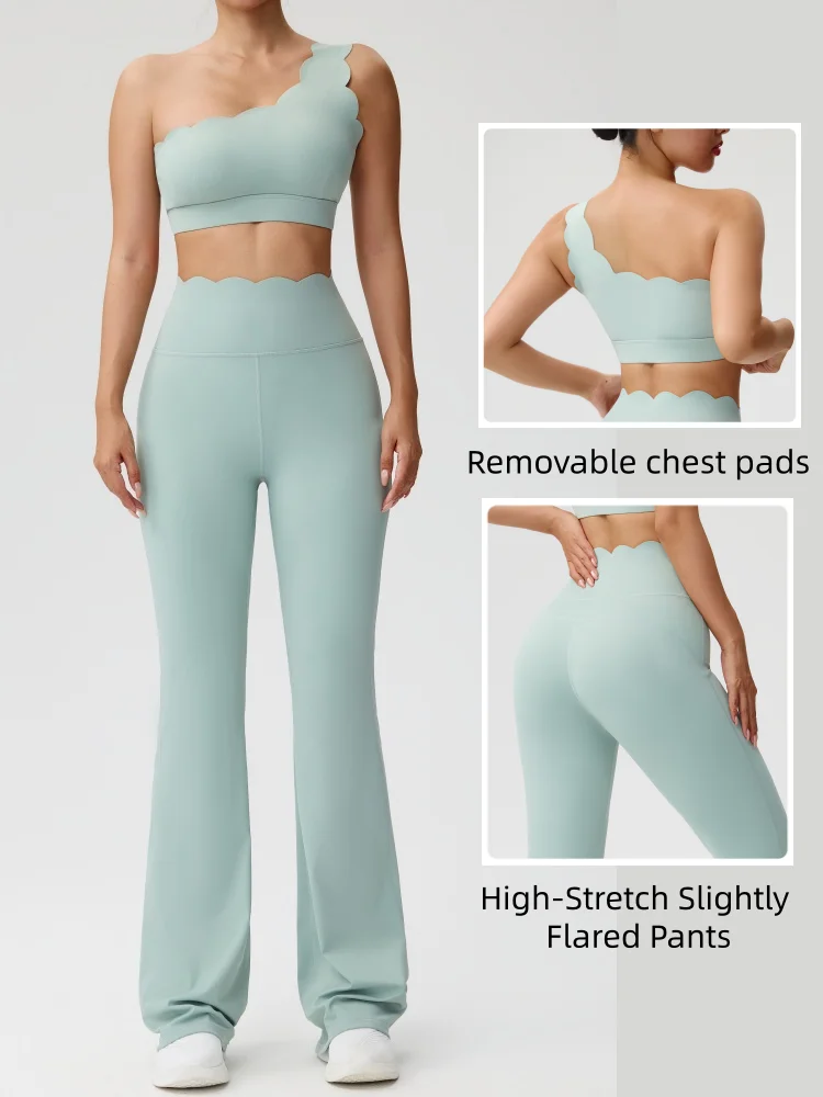 Yoga Two Piece Set Women's Underwear High-Waist Slimming Fit Pants Single Strap Bra Outdoor Sports Fitness Suits