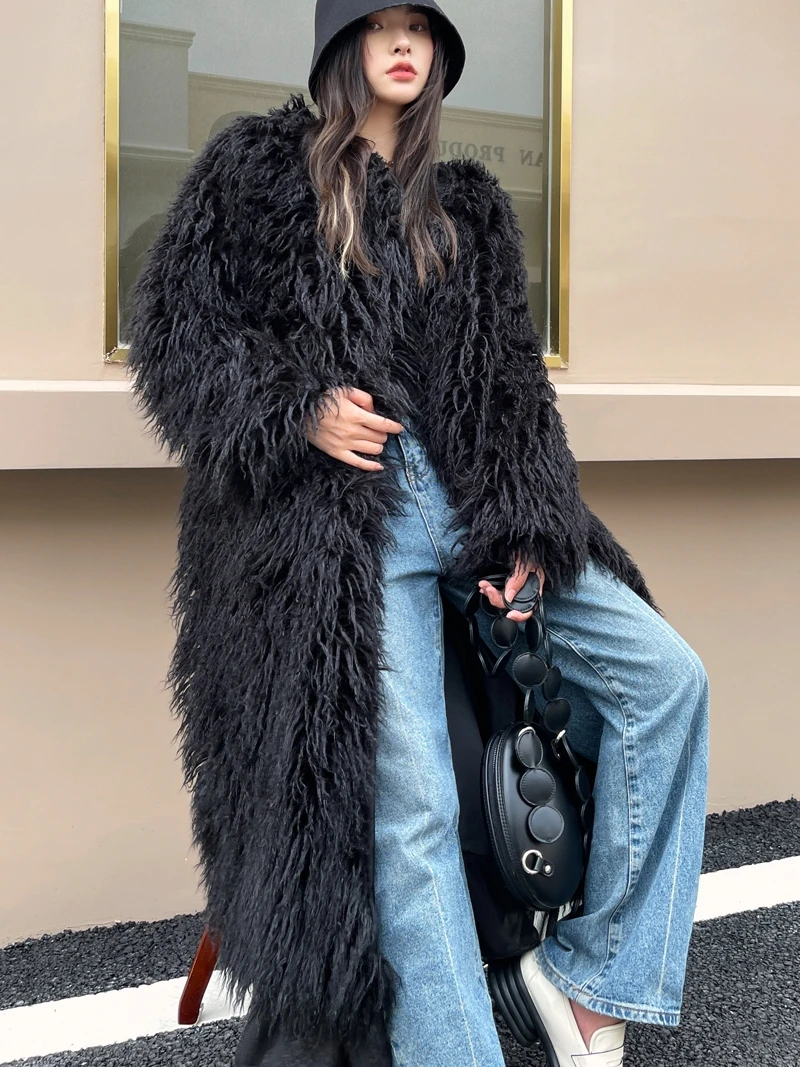 Female Fashion Black Faux Fur Coat Peplum Hem Long Jacket Lady Shaggy Outerwear Women\'s Winter Clothing Promotion